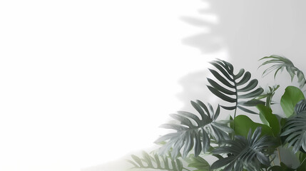 Minimalist light background with green foliage. copy space. 