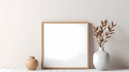 minimalist home decoration with blank white frame mockup on wall
