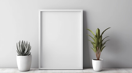 Fototapeta na wymiar minimalist home decoration with blank white frame mockup on wall