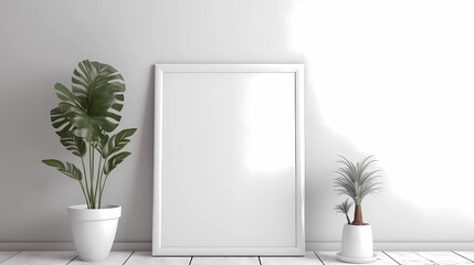 minimalist home decoration with blank white frame mockup on wall