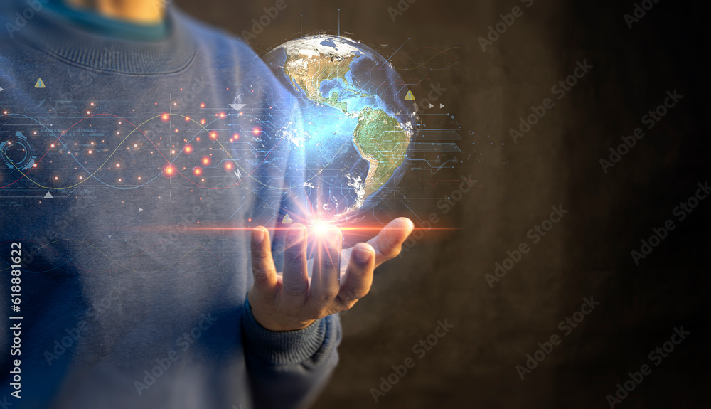 Poster the concept of developing artificial intelligence and developing the world into the future.