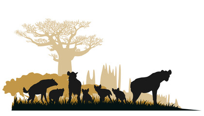 African savannah landscape with hyena silhouettes. Vector illustration.