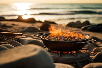 Sunset Beachside Paella: Coastal Cooking with Fiery Flames