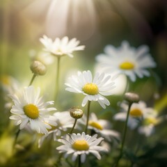 Fototapeta premium Closeup camomile flowers with the bokeh background. Generative AI 