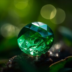Natural emerald stones and crystals with a bokeh background. Generative AI