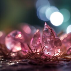 Fototapeta premium Natural pink stones and crystals with a bokeh background. Generative AI