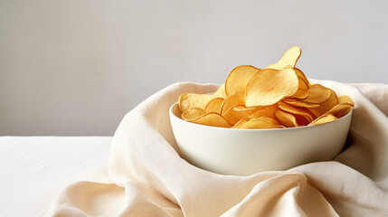 Minimalist Natural Potato Chips in White Bowl with Clean Light Background and Soft Cloth. With Licensed Generative AI Technology Assistance.