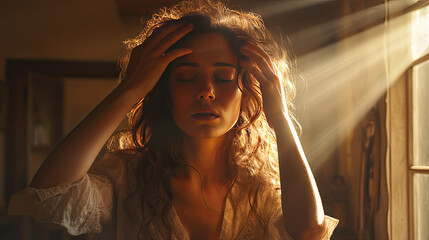 The girl holds her head in her hand. Headache symptoms. Influence of solar and geomagnetic storms on well-being.