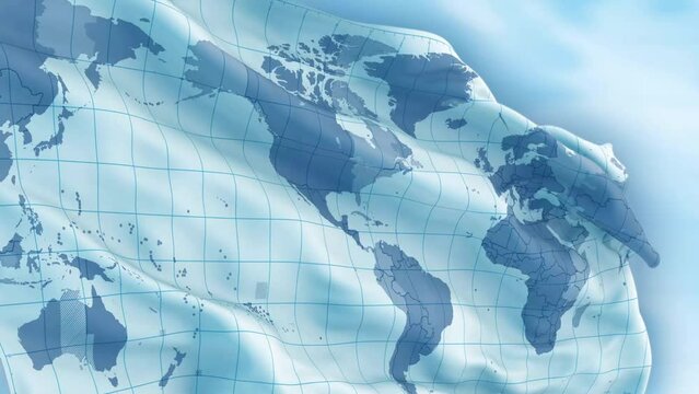 Animated blue world map waving in the wind