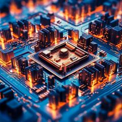Fototapeta premium Surreal science fiction cityscape of a micro city, microchip, processor, electronics, circuit, generative AI