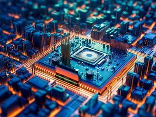 Surreal science fiction cityscape of a micro city, microchip, processor, electronics, circuit, generative AI