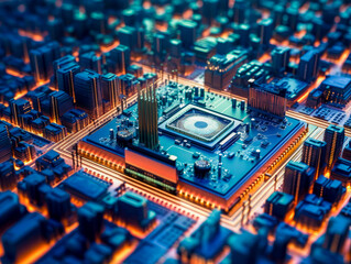 Obraz premium Surreal science fiction cityscape of a micro city, microchip, processor, electronics, circuit, generative AI