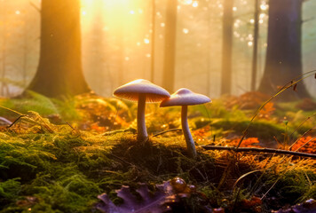 Fictional mushroom in the forest, autumn, morning sun, generative AI