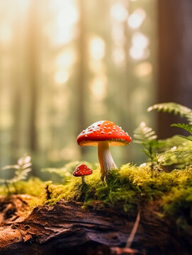 Fictional toadstool in the forest, autumn, morning sun, generative AI