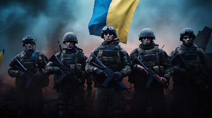 Group of Ukraine Soldiers with Flag