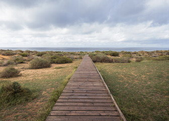 Fototapeta na wymiar Wooden Path to the Beach at Calblanque Regional Park, Murcia, Spain