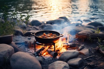Campfire Cooking: Riverbank Cast Iron Fry Pan Sunset Glow