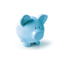 Blue piggy bank 3D render, on white background