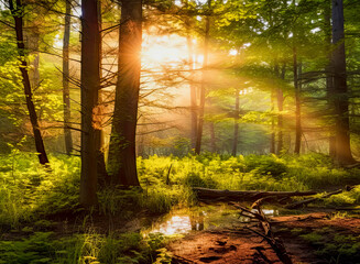 Fototapeta premium Sun shines through the trees in the forest on a sunny day. Generative AI