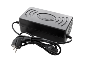 Electric motorcycle charger, AC - DC adapter on isolated white background