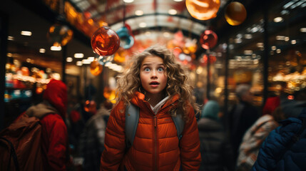 Obraz premium Joyful Astonishment. Young Girl's Shocked Expression Amidst a Sea of Toys. Childhood Wonder. AI Generative