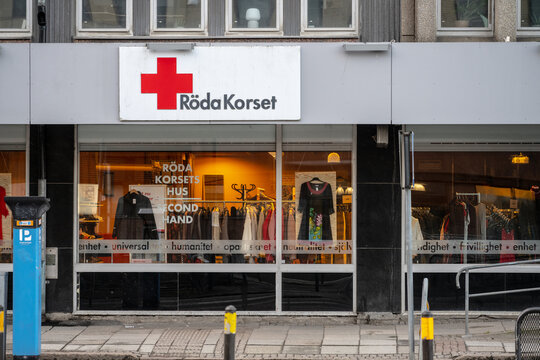Gothenburg, Sweden - April 06 2023: Exterior of R&ouml;da Korset second hand store.