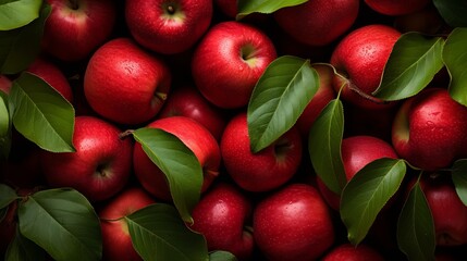 Obraz premium Red apples with green leafs close up. Horizontal format, for advertising, banner, site. Photo AI generated.