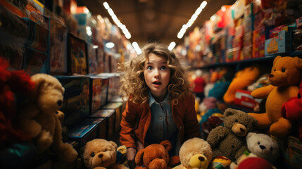 Joyful Astonishment. Young Girl's Shocked Expression Amidst a Sea of Toys. Childhood Wonder. AI Generative