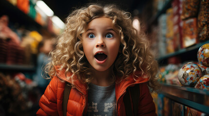 Joyful Astonishment. Young Girl's Shocked Expression Amidst a Sea of Toys. Childhood Wonder. AI Generative