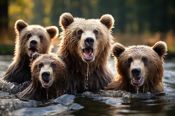 Group of brown bears in water.