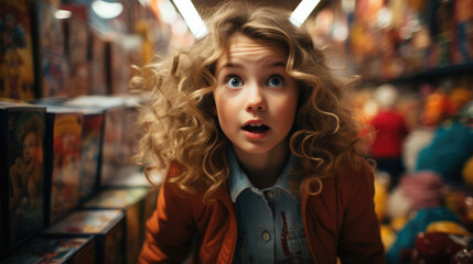 Fototapeta premium Joyful Astonishment. Young Girl's Shocked Expression Amidst a Sea of Toys. Childhood Wonder. AI Generative