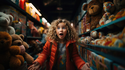 Obraz premium Joyful Astonishment. Young Girl's Shocked Expression Amidst a Sea of Toys. Childhood Wonder. AI Generative