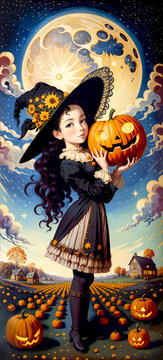 Moonlit Magic: A Halloween Painting of a Little Witch in the Enchanted Field.