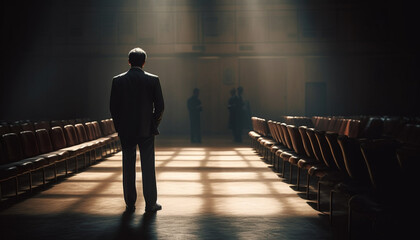 Silhouette of businessman waiting in empty auditorium generated by AI