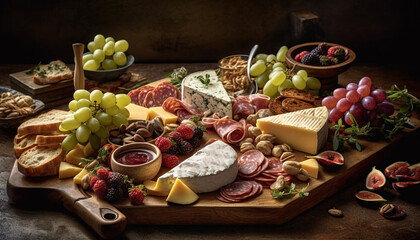 Rustic French table with gourmet cheese variety generated by AI