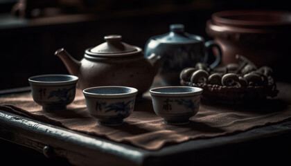Obraz na płótnie Canvas Hot tea in antique earthenware teapot set generated by AI