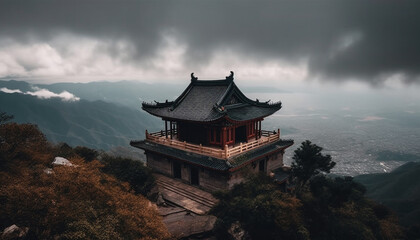 Fototapeta na wymiar Majestic mountain range, ancient pagoda, dramatic sky generated by AI