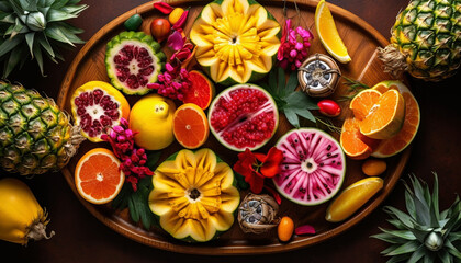 Obraz na płótnie Canvas Fresh fruit bowl pineapple, orange, lemon, grapefruit, melon generated by AI
