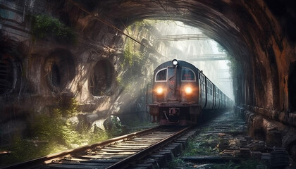 Fototapeta na wymiar Steam train speeds through abandoned coal mine generated by AI