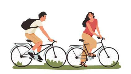 Man and woman - romantic dates of a couple. The couple ride bicycles. Flat cartoon colorful vector illustration