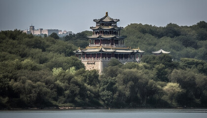 Ancient pagoda stands tall in Beijing landscape generated by AI