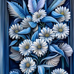 Oil-painting of flowers on a blue background, Generative AI
