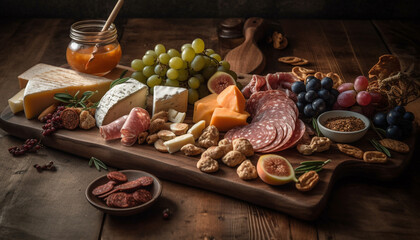 Gourmet meat and cheese plate with wine generated by AI