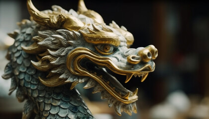Golden dragon statue symbolizes Chinese spirituality and culture generated by AI