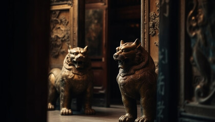 Fototapeta na wymiar Ancient lion sculpture guards Beijing religious entrance generated by AI