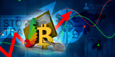 3d rendering bitcoin sign with graph near folder