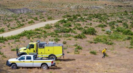 Wildland engine and crew engage in suppression activities on a vegetation fire