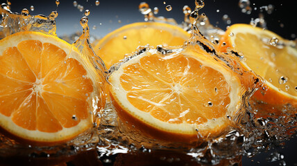 Fototapeta na wymiar Slices of orange falling into water with splash water back Ai generated image