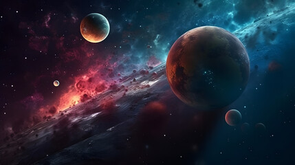 Naklejka premium A space landscape featuring a couple planets and storms, in the style of depth of field, majestic, sweeping seascapes, captivating light, celestialpunk, nebula, starship
