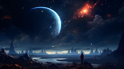 Fototapeta premium A space landscape featuring a couple planets and storms, in the style of depth of field, majestic, sweeping seascapes, captivating light, celestialpunk, nebula, starship